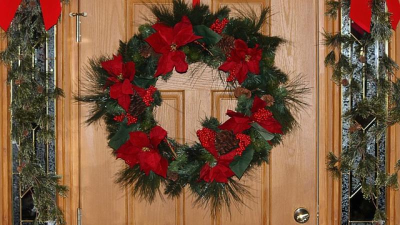 Picture of door with holiday wreath